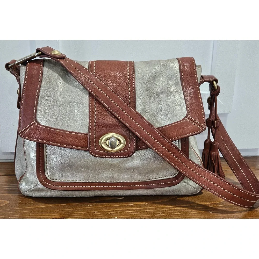 VTG Y2K Boho Chic Hobo SAK Metallic Gold Brown Leather Shoulder Bag Tassel